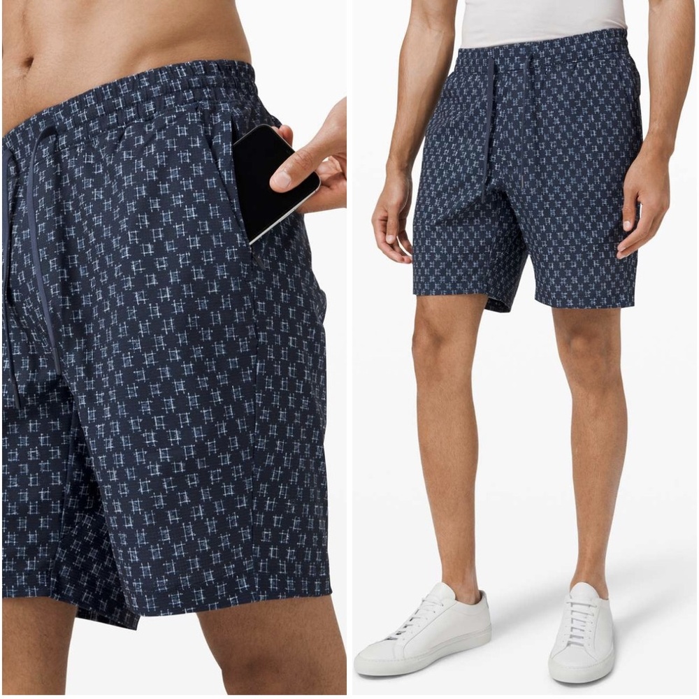 Lululemon Men'S Bowline Short Ikat Check White Tue Navy Size L - Picture 1 of 16